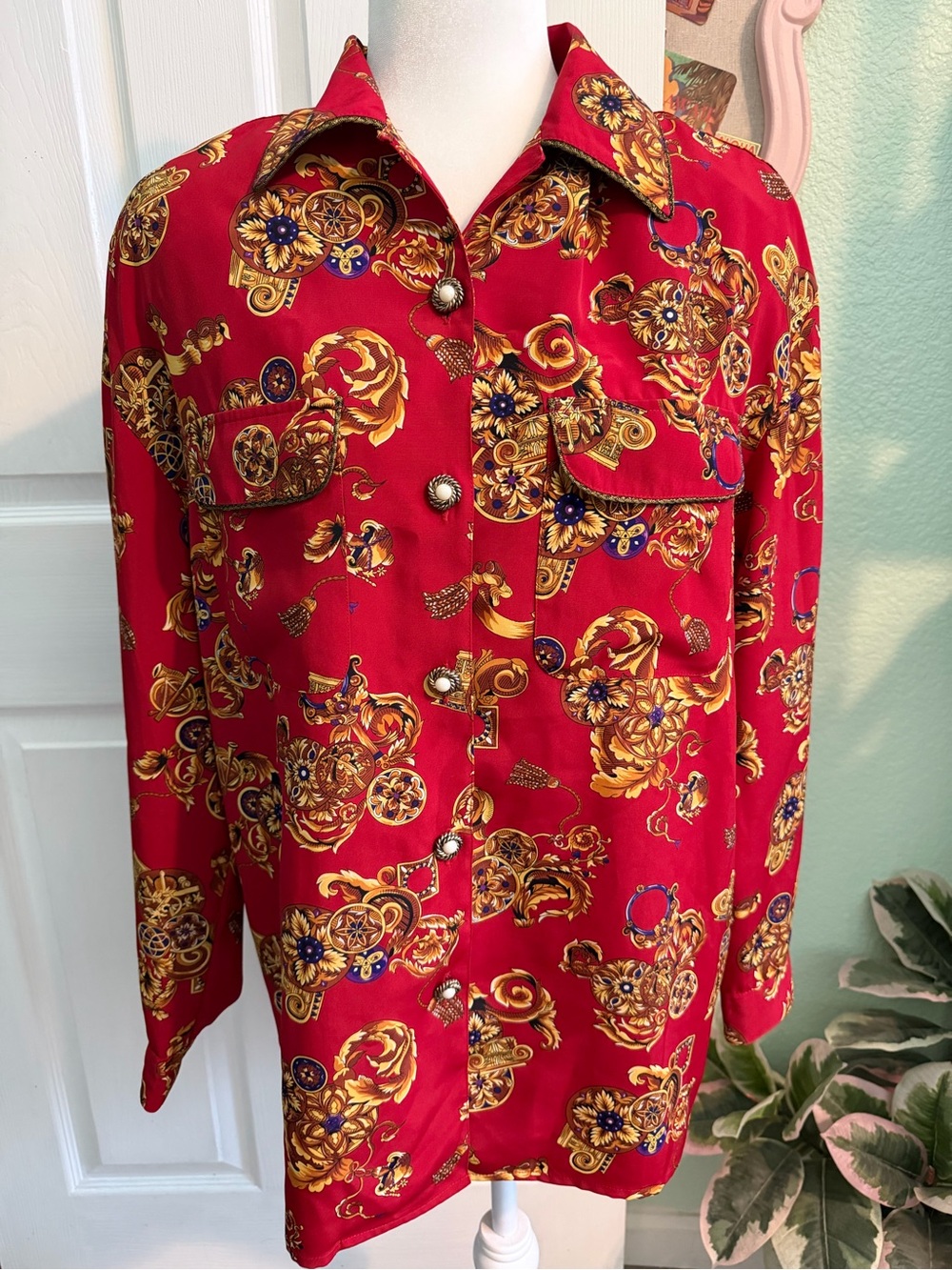 Vintage Women’s SK & Company Red Decorative Print Button-Up Shirt